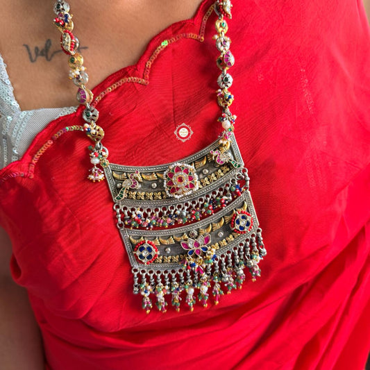 Buy Shahi Rajwada silver necklace online with colourful stones.