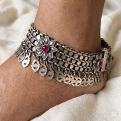 Sterling Silver Floral Layered Stone Anklet