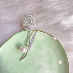 Sparkling Silver Lotus Pearl Brooch