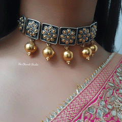 Dual Tone Square Flower Ball Drop Necklace Set