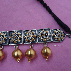 Dual Tone Square Flower Ball Drop Necklace Set