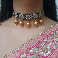 Dual Tone Square Flower Ball Drop Necklace Set