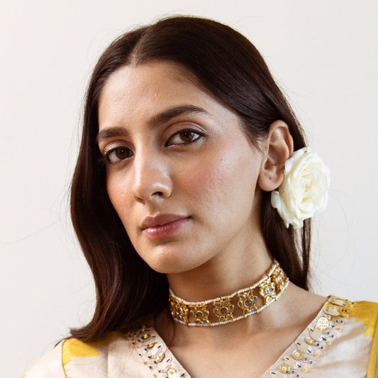 Full Gold Sitaara Glass Stone Pearl Choker - Necklace with Earring