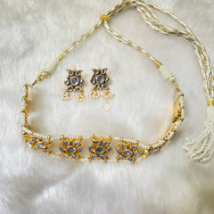 Full Gold Sitaara Glass Stone Pearl Choker - Necklace with Earring