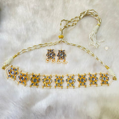 Full Gold Sitaara Glass Stone Pearl Choker - Necklace with Earring