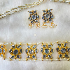 Full Gold Sitaara Glass Stone Pearl Choker - Necklace with Earring