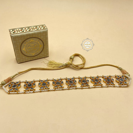 Full Gold Sitaara Glass Stone Pearl Choker - Necklace with Earring