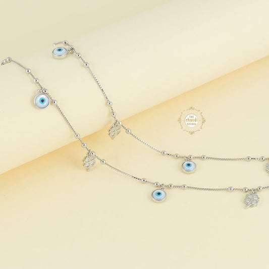 Sparkling Silver Clover Evil Eye Anklet