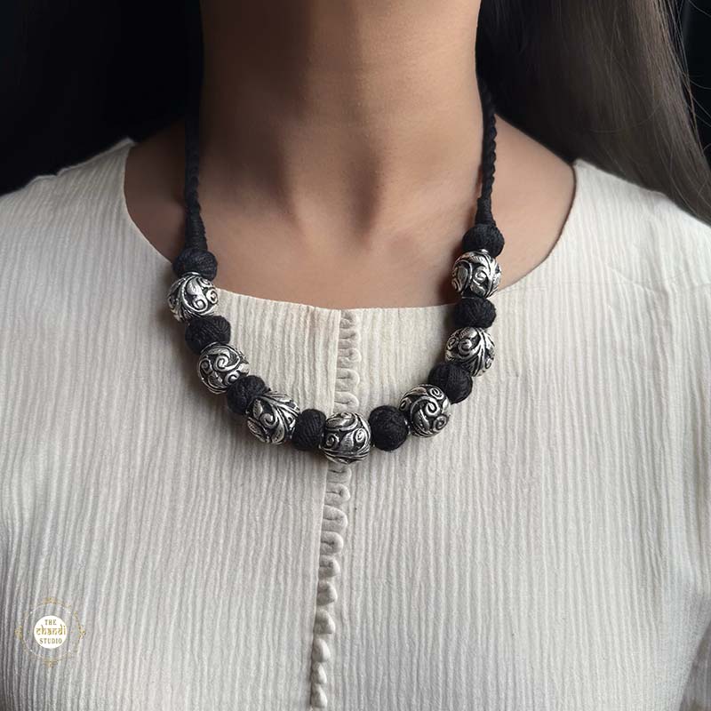Silver Chitai Bead Black Thread Necklace