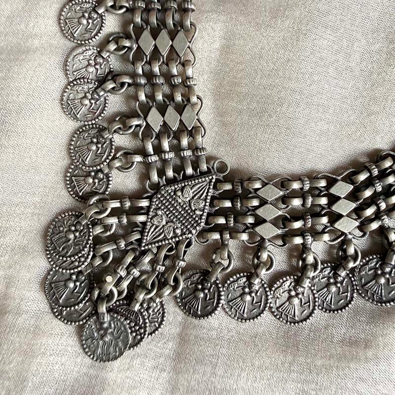 Statement oxidized chandi ki jewellery coin choker.