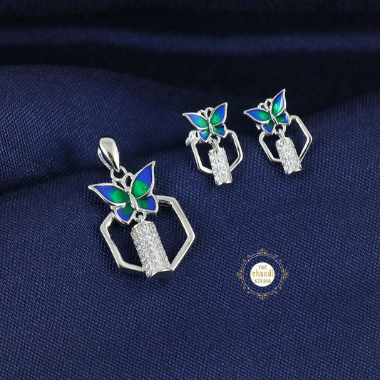 Sparkling Silver Butterfly Embrace Pendent Set