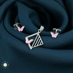 Sterling Silver Sparkling Silver Butterfly Grid Pendant Set