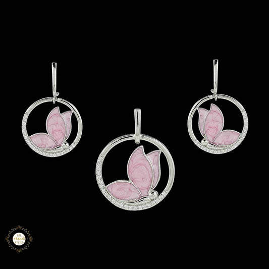 Sterling Silver Sparkling Silver Pink Wings Pendant Set