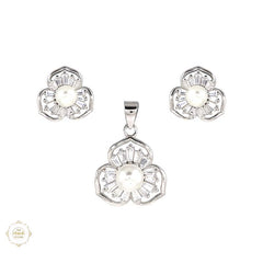 Sterling Silver Sparkling Silver Floral Sparkle Pendant Set