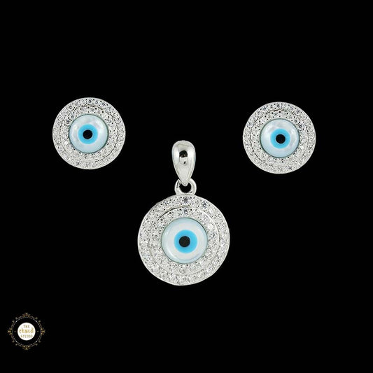 Sterling Silver Sparkling Silver Evil Eye Pendent Set