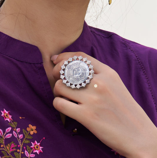 Hand Engraved Durga Embossed Ring
