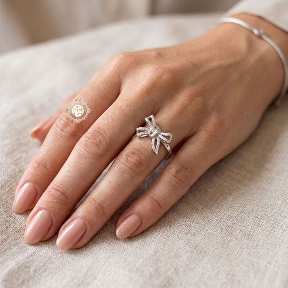 Sparkling Silver Ribbon Bow Ring