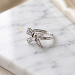 Sparkling Silver Ribbon Bow Ring