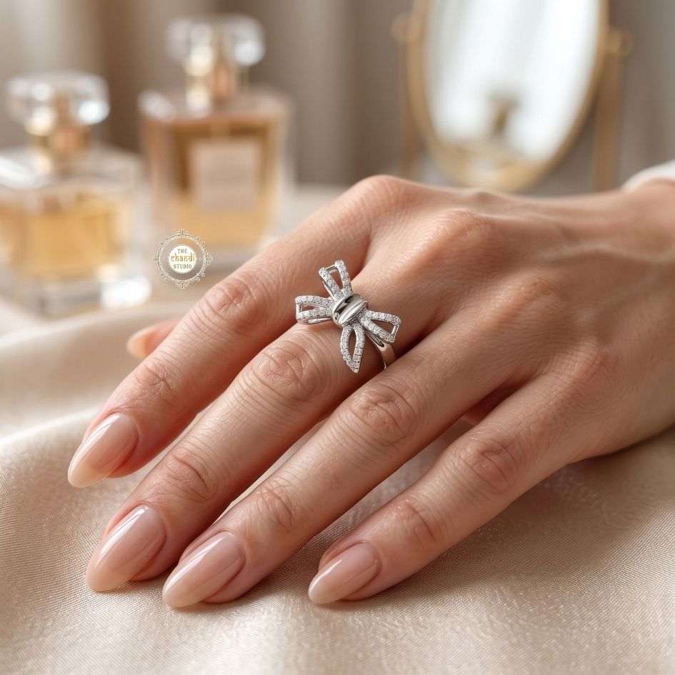 Sparkling Silver Ribbon Bow Ring