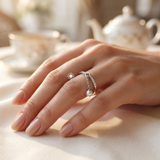 Sparkling Silver Pearl Drop Ring