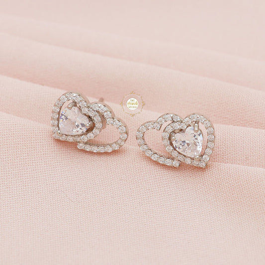 Sparkling Silver Double Hearts Stud