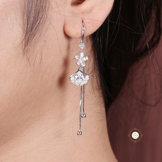 Sparkling Silver Flower Drop Tassel Earring