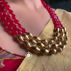 Trio Strand Dholki Bead Gold Necklace (Ruby)