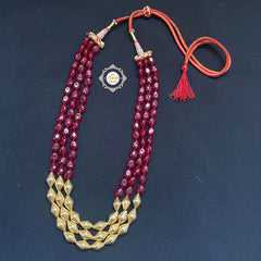 Trio Strand Dholki Bead Gold Necklace (Ruby)