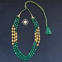 Trio Strand Dholki Bead Gold Necklace (Green)