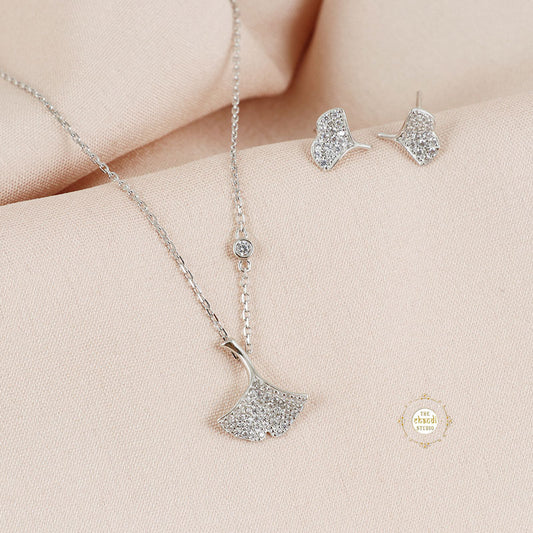 Sparkling Silver Ginkgo Glam Necklace with Earring
