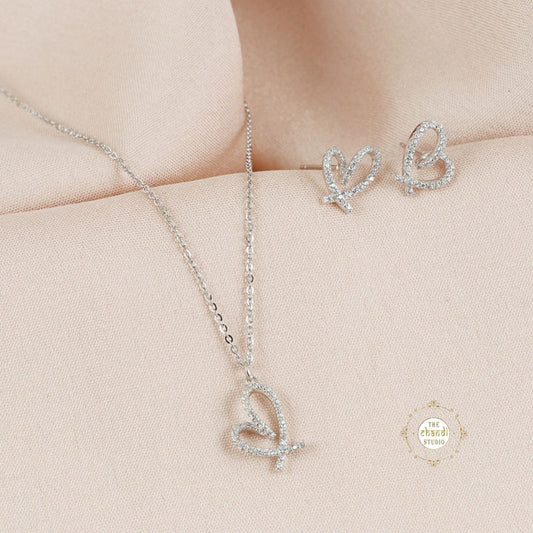 Sparkling Silver Sweetheart Necklace with Earring