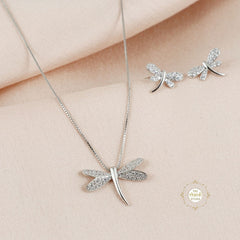 Sparkling Silver Twinkling Dragonfly Necklace with Earring