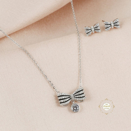 Sparkling Silver Twinkling Bow Necklace with Earring