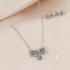 Sparkling Silver Twinkling Bow Necklace with Earring