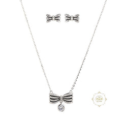 Sparkling Silver Twinkling Bow Necklace with Earring