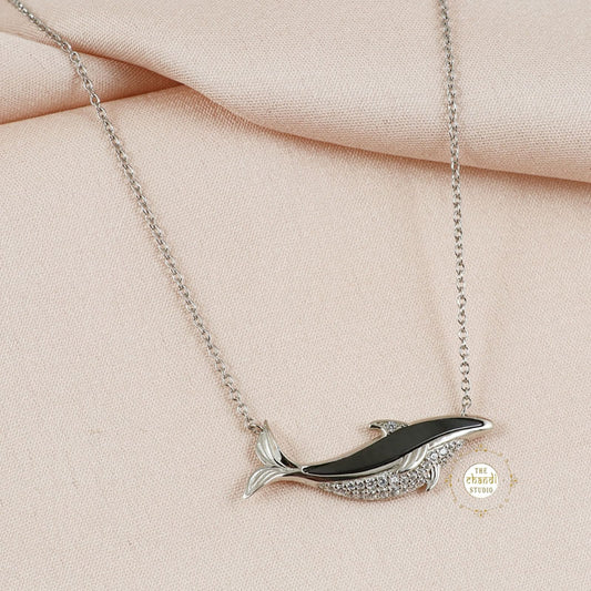 Sparkling Silver Wave Whisper Whale Necklace