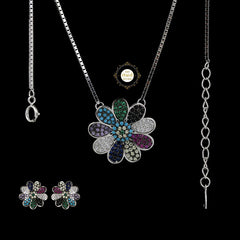 Sparkling Silver Chromatic Petals Necklace with Earring