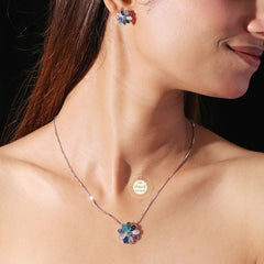 Sparkling Silver Chromatic Petals Necklace with Earring