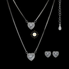 Sparkling Silver Heart Double Layered Necklace with Earring