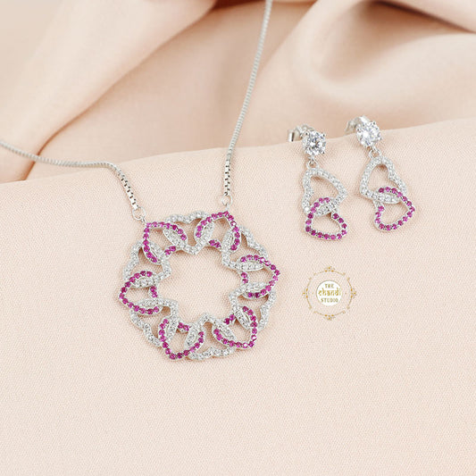 Sparkling Silver Floral Symphony Necklace with Earring