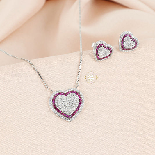 Sparkling Silver Blushing Heart Necklace with Earring