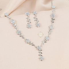 Sparkling Silver Blossom Trail Necklace with Earring