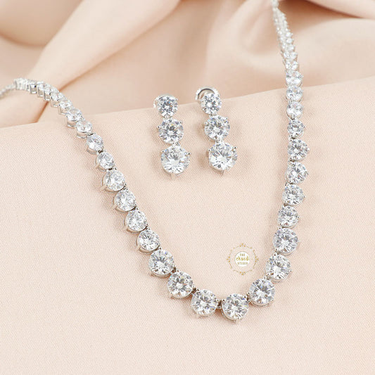 Sparkling Silver Zircon Drape Necklace with Earring