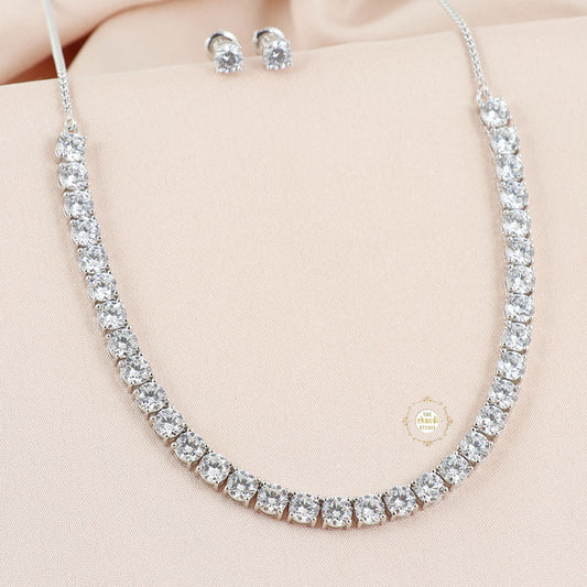 Sparkling Silver Zircon Drape Necklace with Earring
