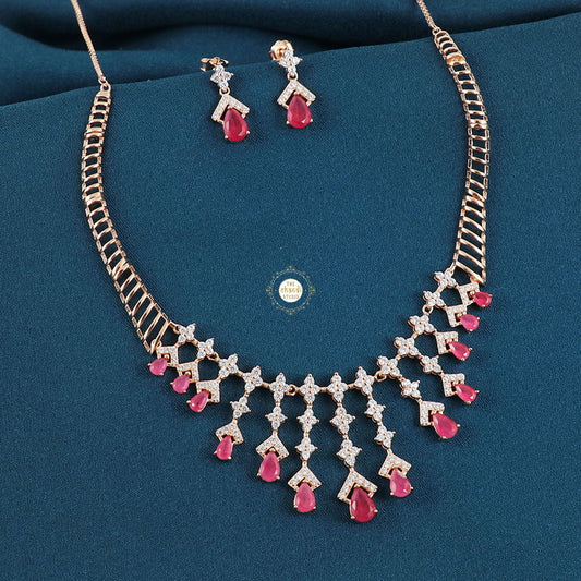 Sparkling Silver Waterfall Ruby Necklace with Earring