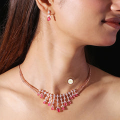 Sparkling Silver Waterfall Ruby Necklace with Earring