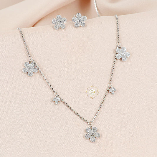 Sparkling Silver Floral Blossom Necklace with Earring