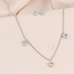 Sparkling Silver Heart Cascade Necklace with Earring