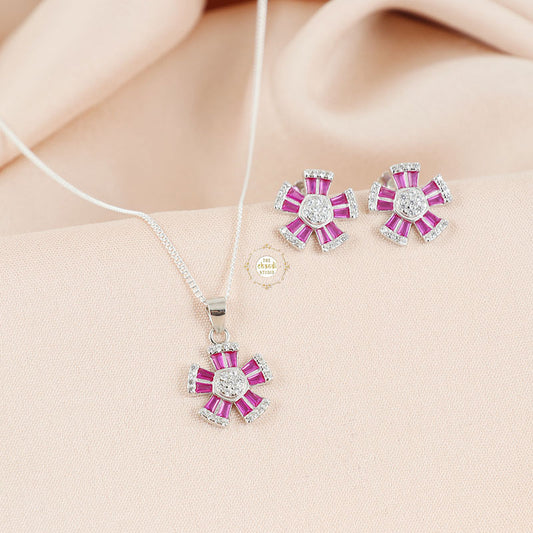 Sparkling Silver Rosette Glow Necklace with Earring