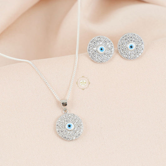 Sparkling Silver Drishti Divine Necklace with Earring